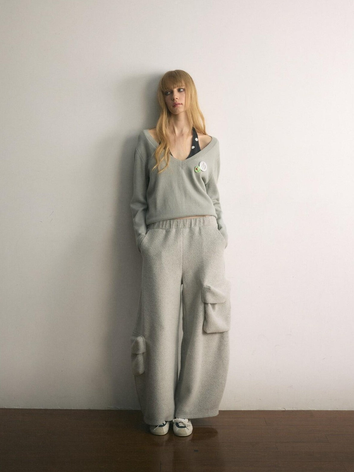 UNIVERSE Gray Polka Dot Faux Two Piece Halter Loose Fit Women's Sweaters