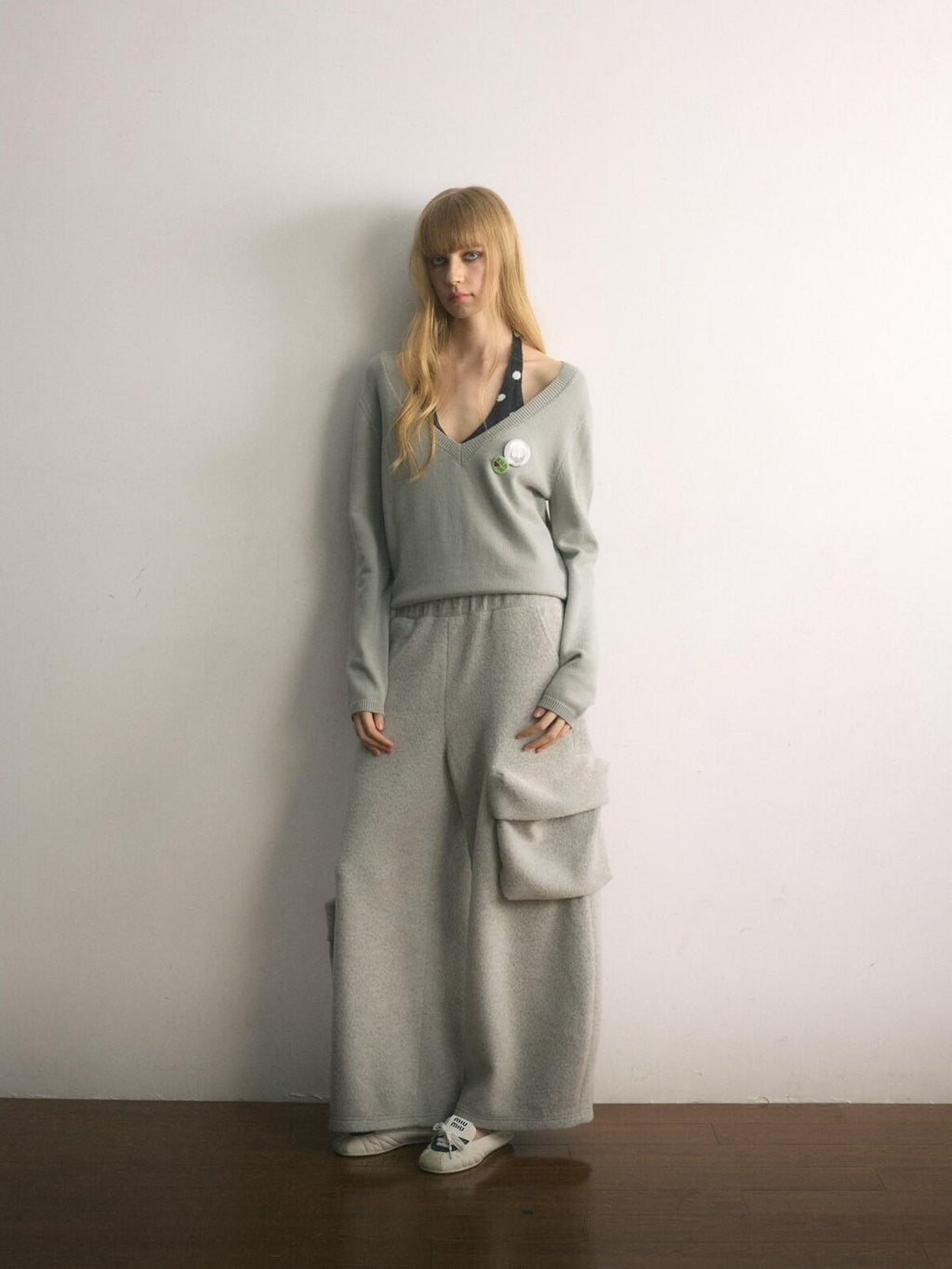 UNIVERSE Gray Polka Dot Faux Two Piece Halter Loose Fit Women's Sweaters