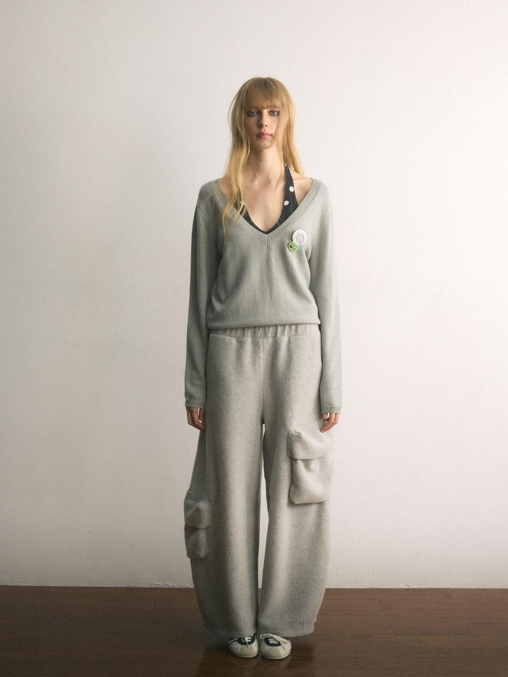 UNIVERSE Gray Polka Dot Faux Two Piece Halter Loose Fit Women's Sweaters
