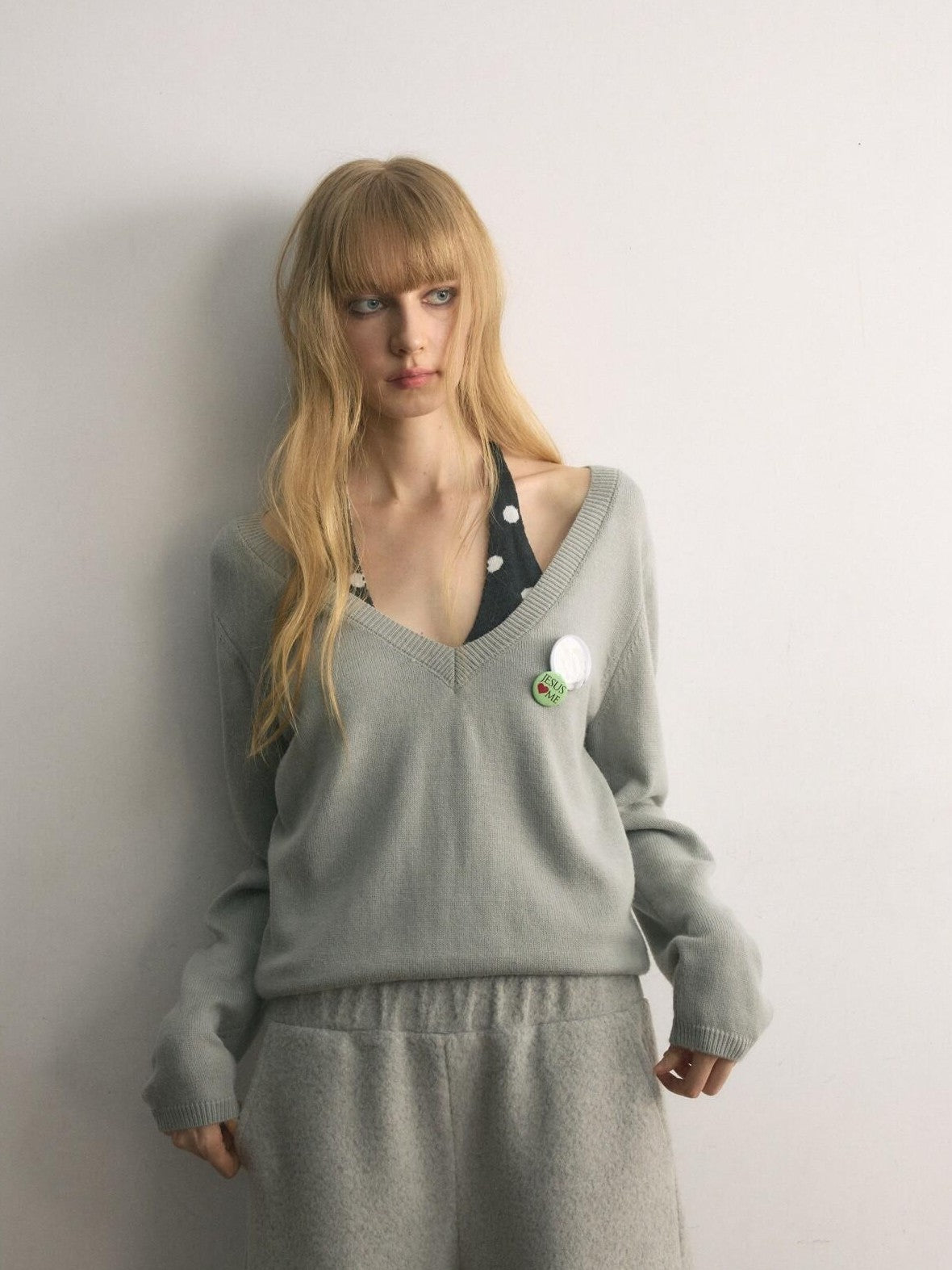 UNIVERSE Gray Polka Dot Faux Two Piece Halter Loose Fit Women's Sweaters