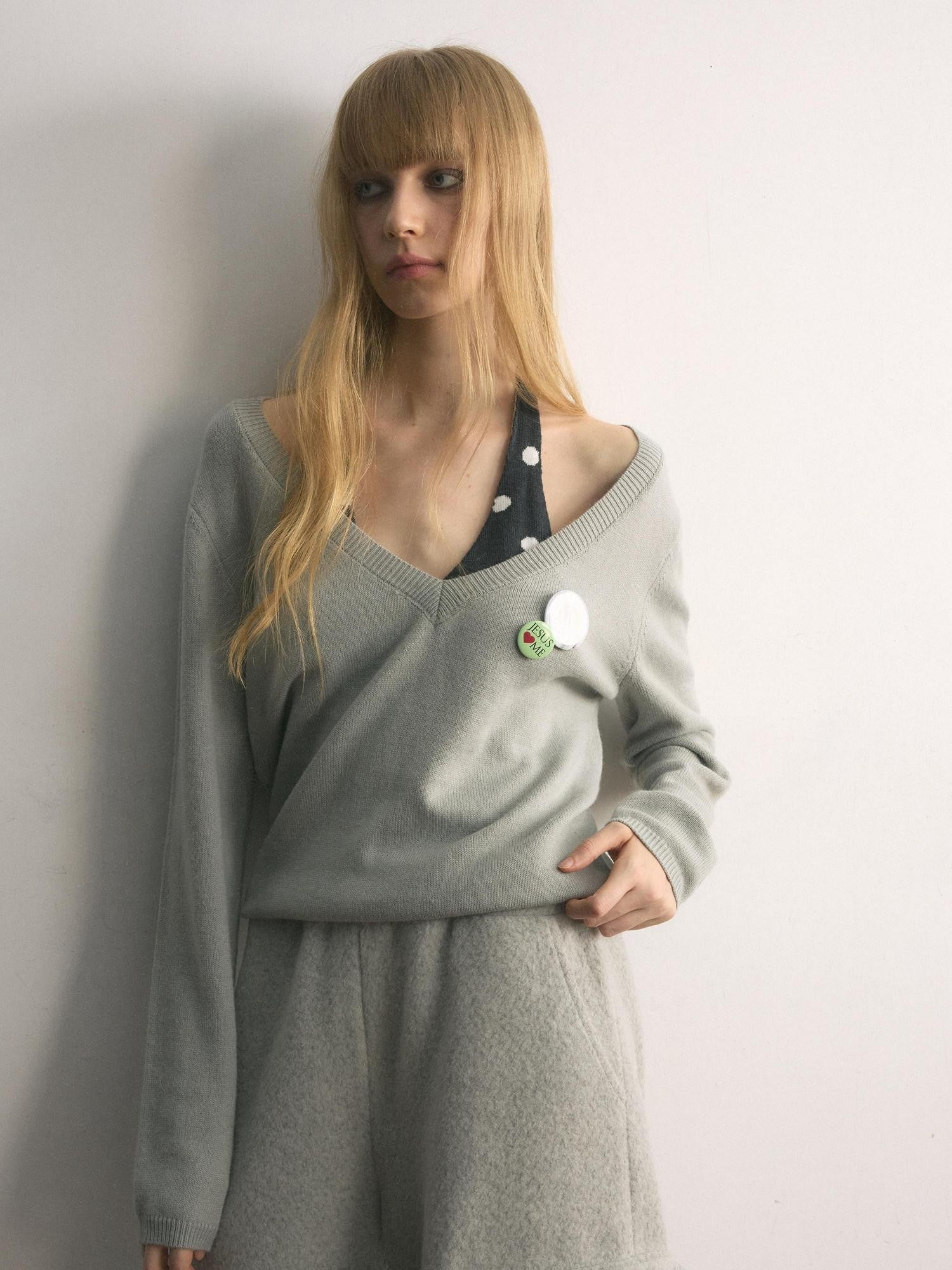 UNIVERSE Gray Polka Dot Faux Two Piece Halter Loose Fit Women's Sweaters