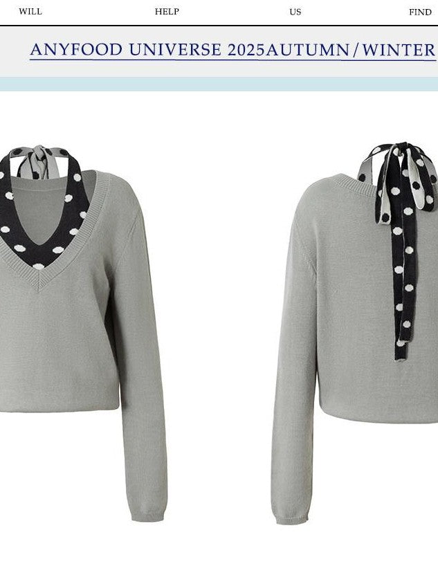 UNIVERSE Gray Polka Dot Faux Two Piece Halter Loose Fit Women's Sweaters
