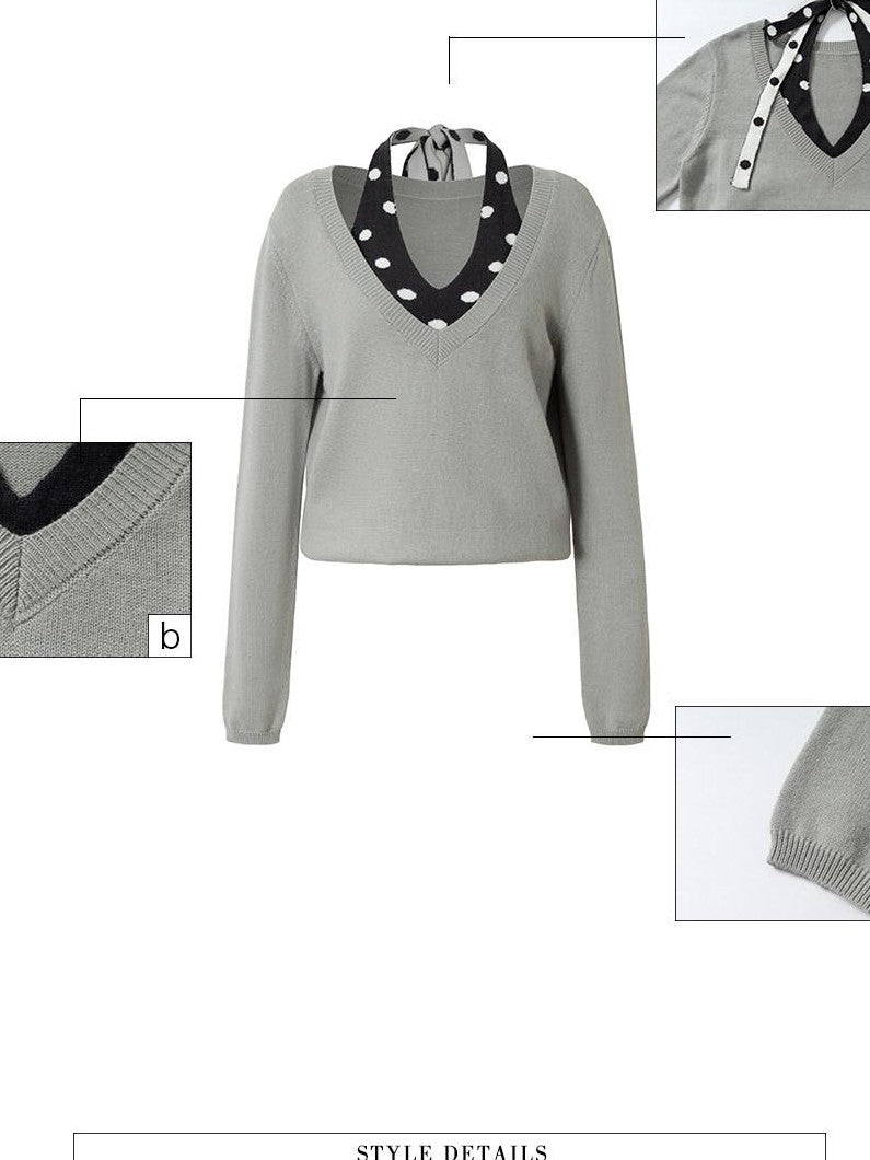 UNIVERSE Gray Polka Dot Faux Two Piece Halter Loose Fit Women's Sweaters