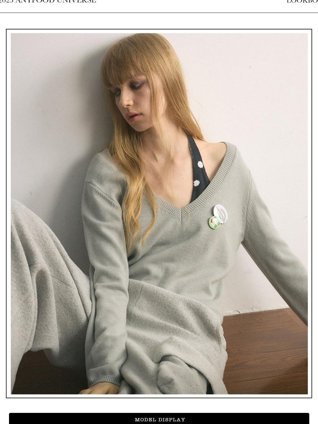 UNIVERSE Gray Polka Dot Faux Two Piece Halter Loose Fit Women's Sweaters