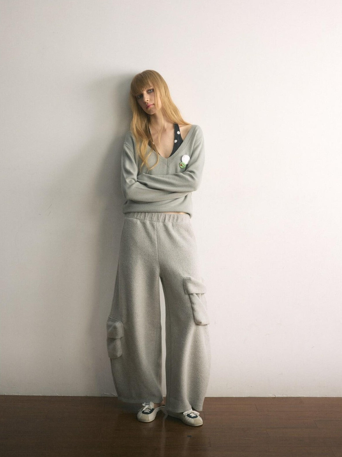UNIVERSE Gray Polka Dot Faux Two Piece Halter Loose Fit Women's Sweaters