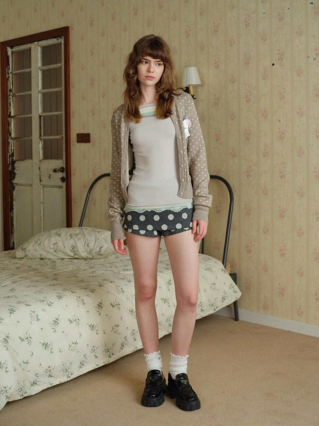 UNIVERSE Gray Polka Dot Lace A Line Vintage Slim Low Waist Women's Polyester Skorts