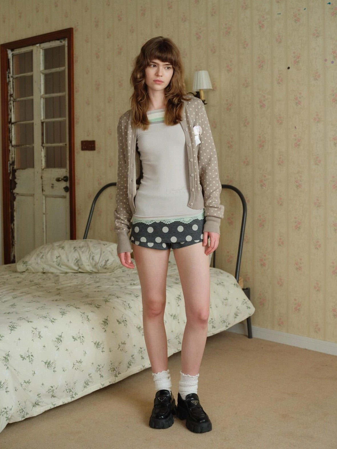UNIVERSE Gray Polka Dot Lace A Line Vintage Slim Low Waist Women's Polyester Skorts