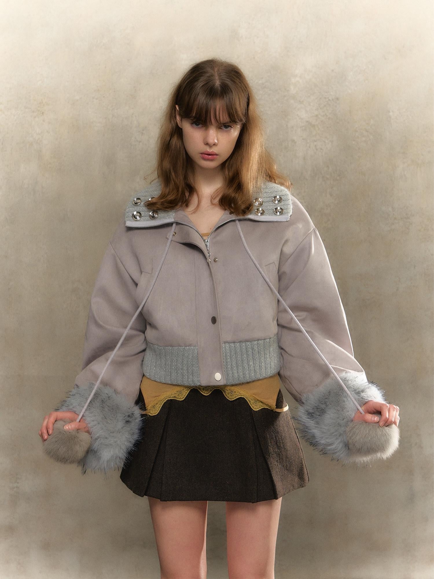 UNIVERSE Gray Purple Suede Pom Pom Buttoned Women's Polyester Spandex Puffer Jackets