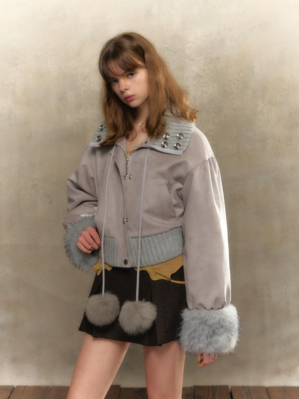 UNIVERSE Gray Purple Suede Pom Pom Buttoned Women's Polyester Spandex Puffer Jackets