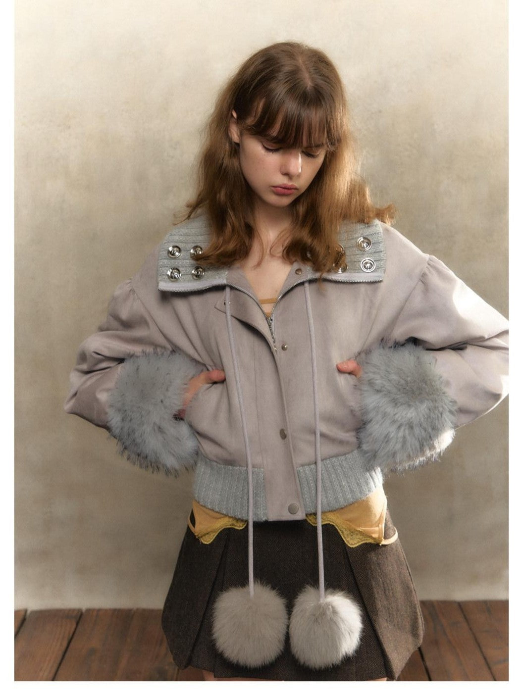 UNIVERSE Gray Purple Suede Pom Pom Buttoned Women's Polyester Spandex Puffer Jackets