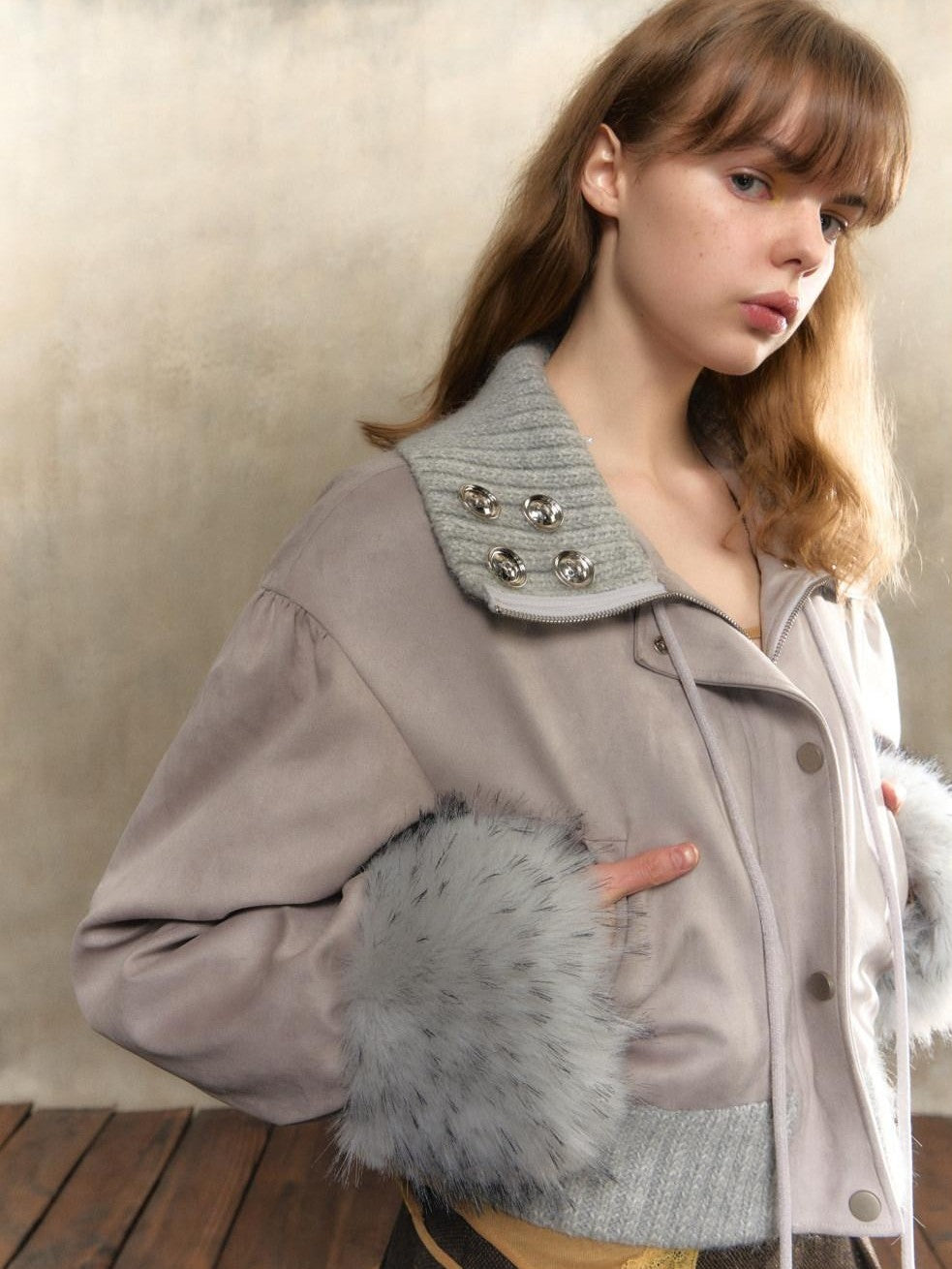 UNIVERSE Gray Purple Suede Pom Pom Buttoned Women's Polyester Spandex Puffer Jackets