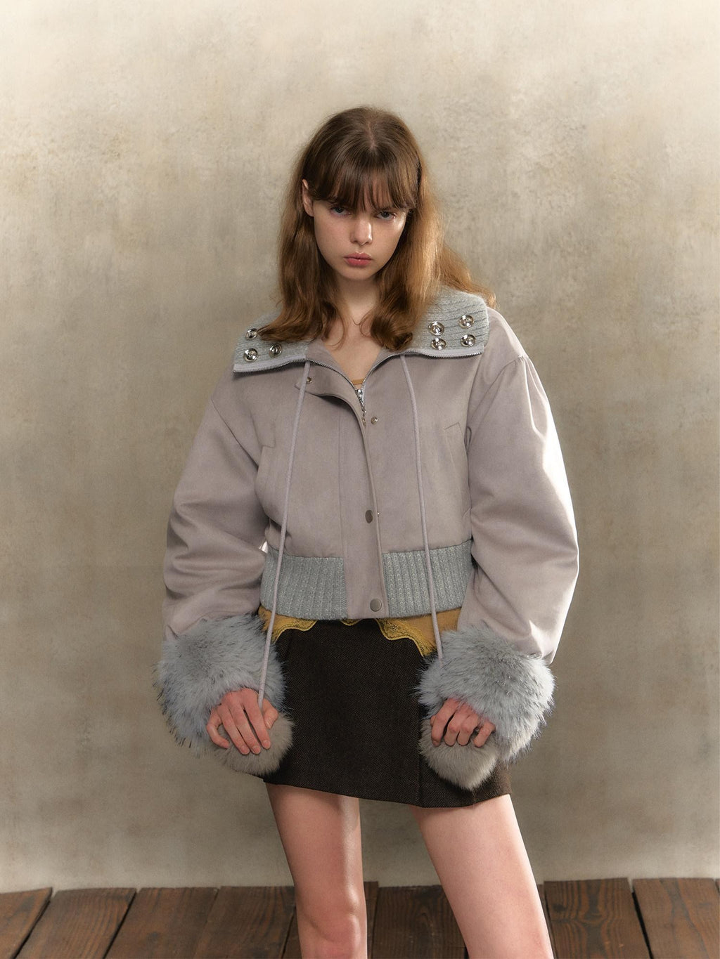 UNIVERSE Gray Purple Suede Pom Pom Buttoned Women's Polyester Spandex Puffer Jackets
