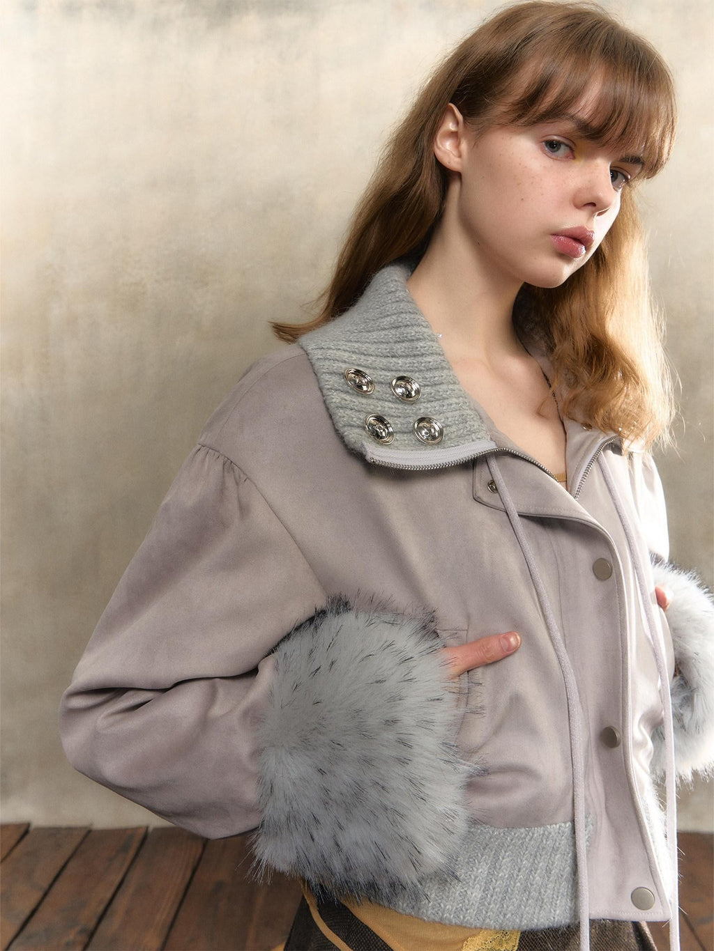 UNIVERSE Gray Purple Suede Pom Pom Buttoned Women's Polyester Spandex Puffer Jackets