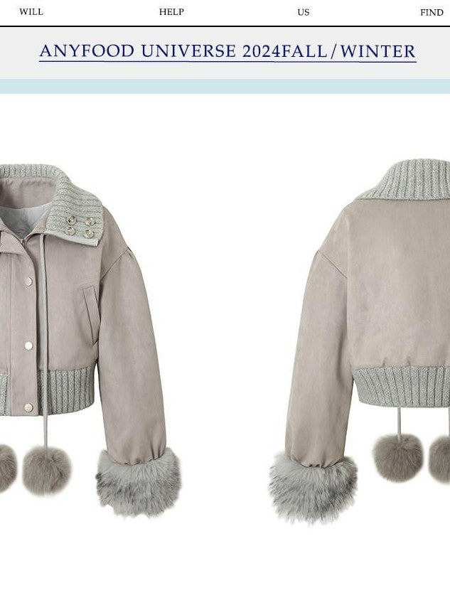 UNIVERSE Gray Purple Suede Pom Pom Buttoned Women's Polyester Spandex Puffer Jackets
