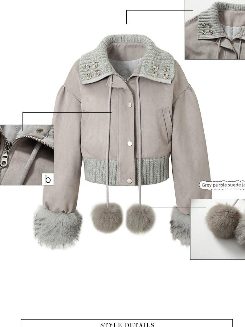 UNIVERSE Gray Purple Suede Pom Pom Buttoned Women's Polyester Spandex Puffer Jackets