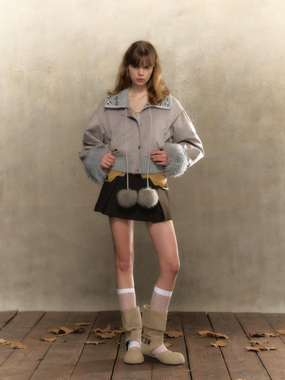 UNIVERSE Gray Purple Suede Pom Pom Buttoned Women's Polyester Spandex Puffer Jackets
