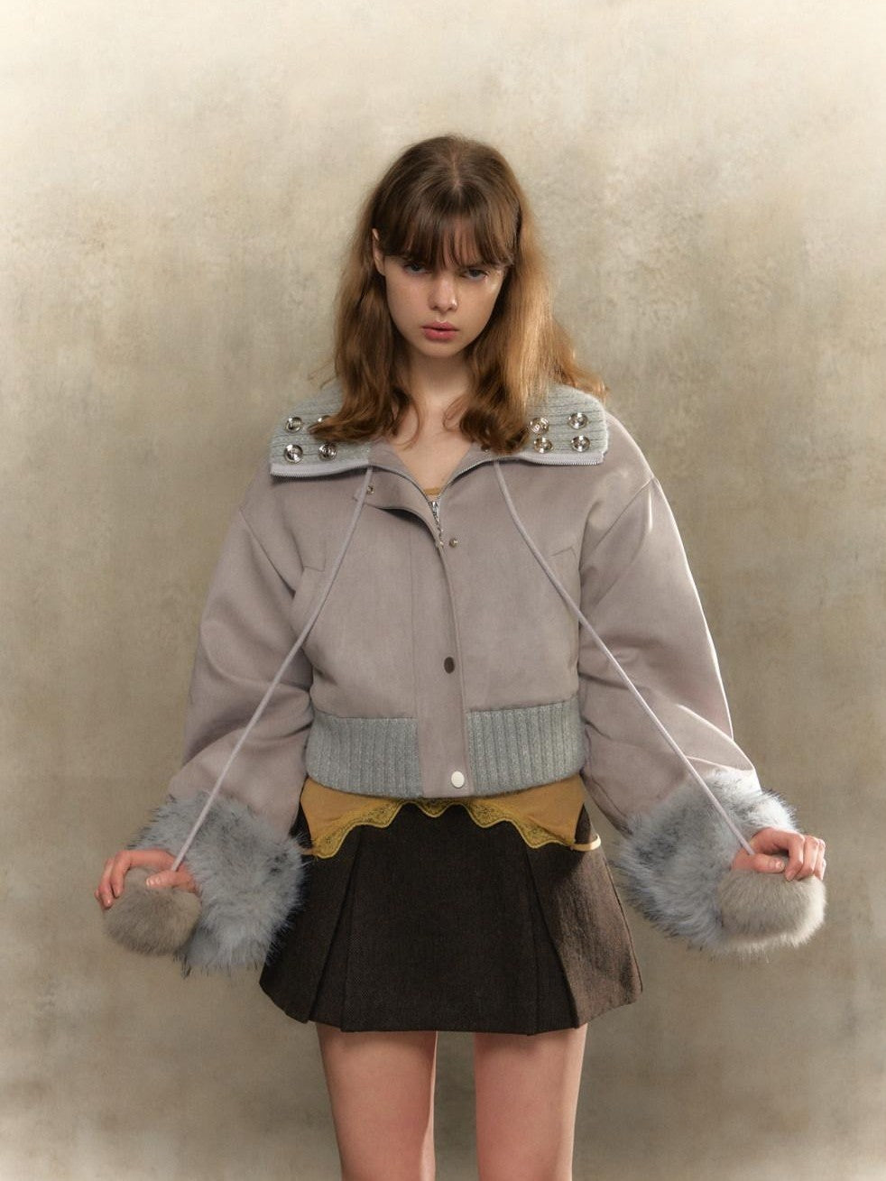 UNIVERSE Gray Purple Suede Pom Pom Buttoned Women's Polyester Spandex Puffer Jackets