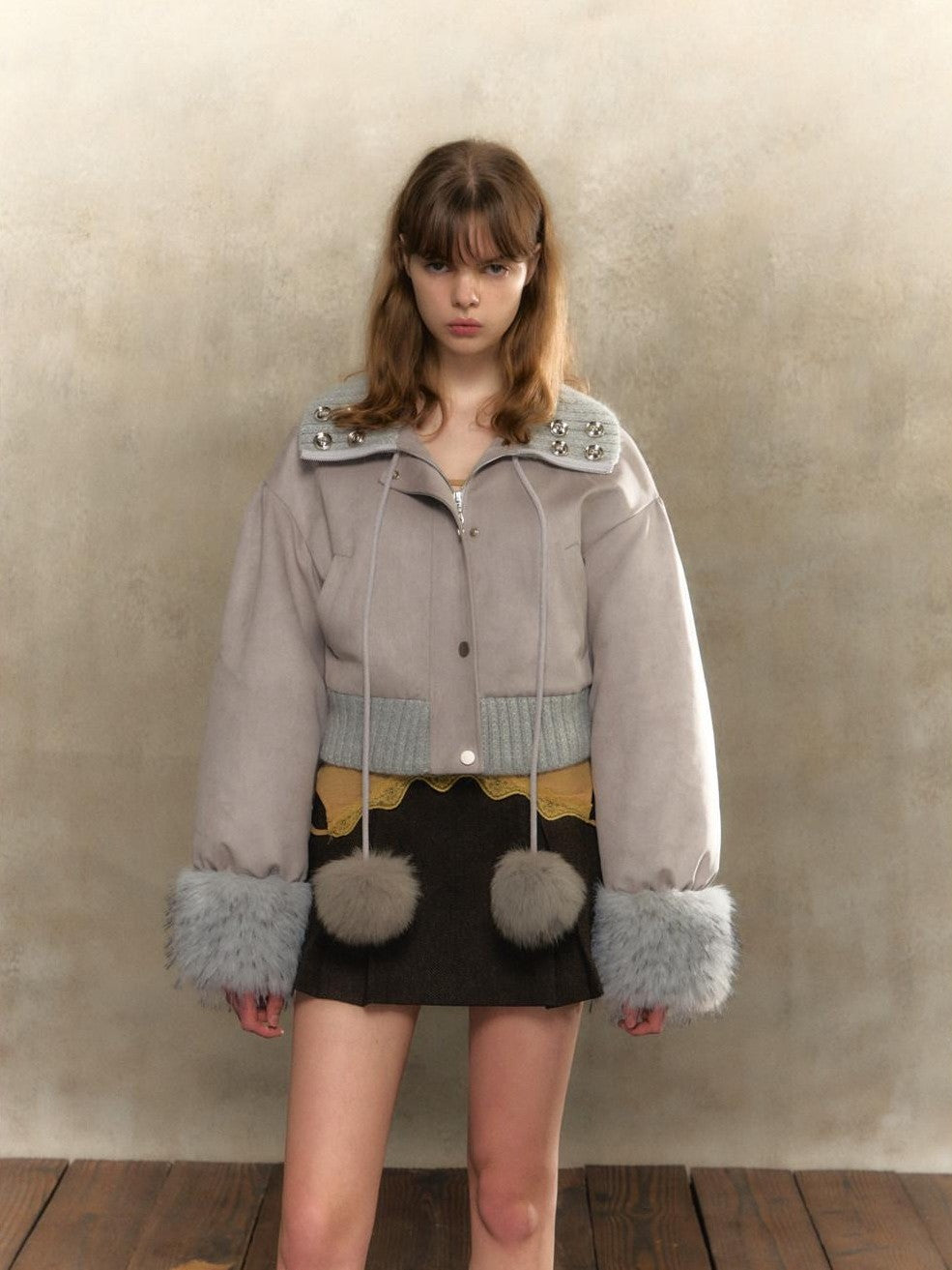 UNIVERSE Gray Purple Suede Pom Pom Buttoned Women's Polyester Spandex Puffer Jackets