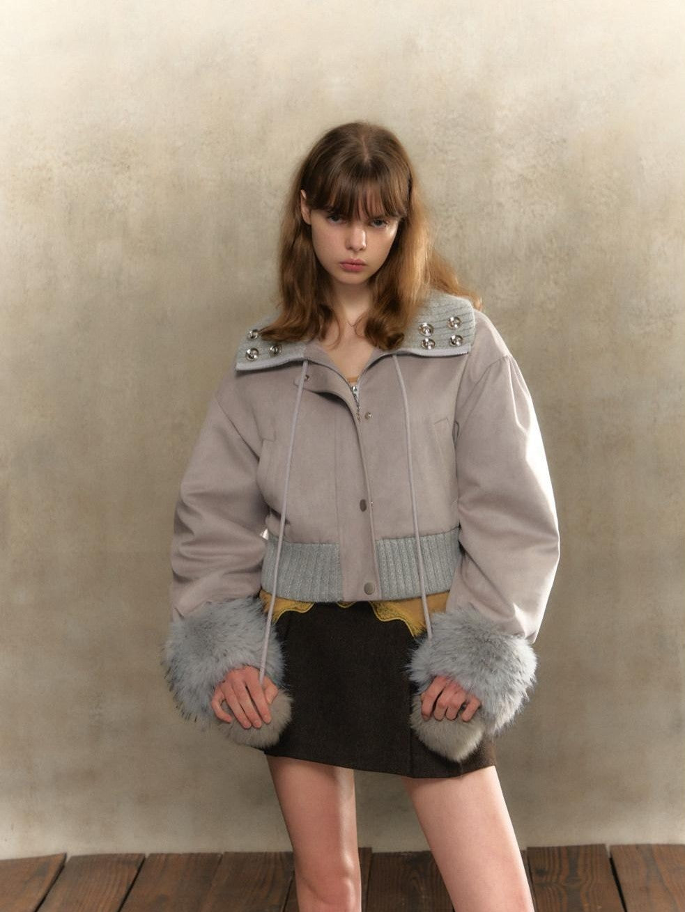 UNIVERSE Gray Purple Suede Pom Pom Buttoned Women's Polyester Spandex Puffer Jackets