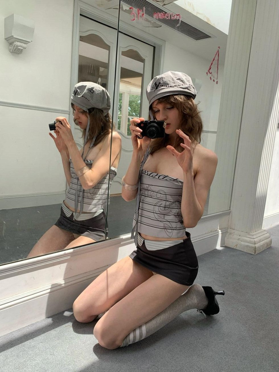 UNIVERSE Gray Sheet Music Letter Print Street Slim Fit Short Women's Tube Tops