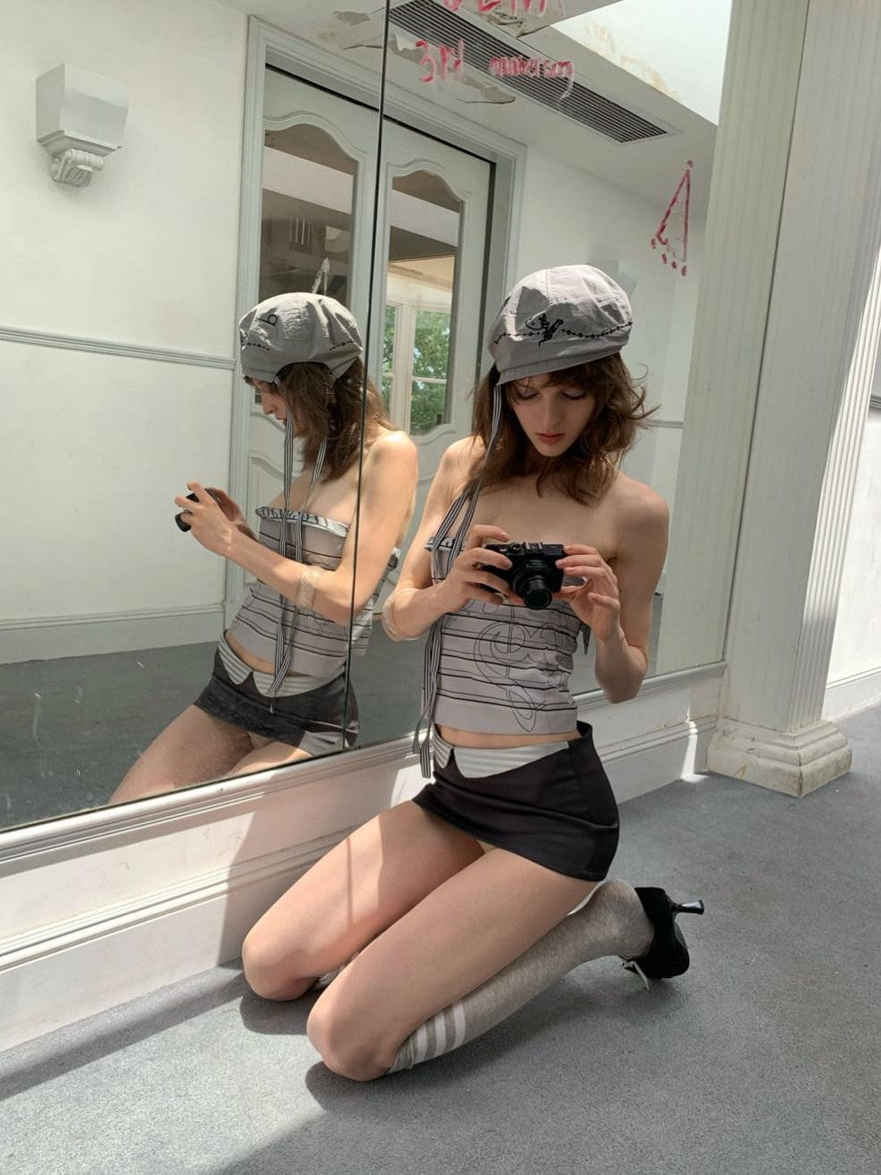 UNIVERSE Gray Sheet Music Letter Print Street Slim Fit Short Women's Tube Tops