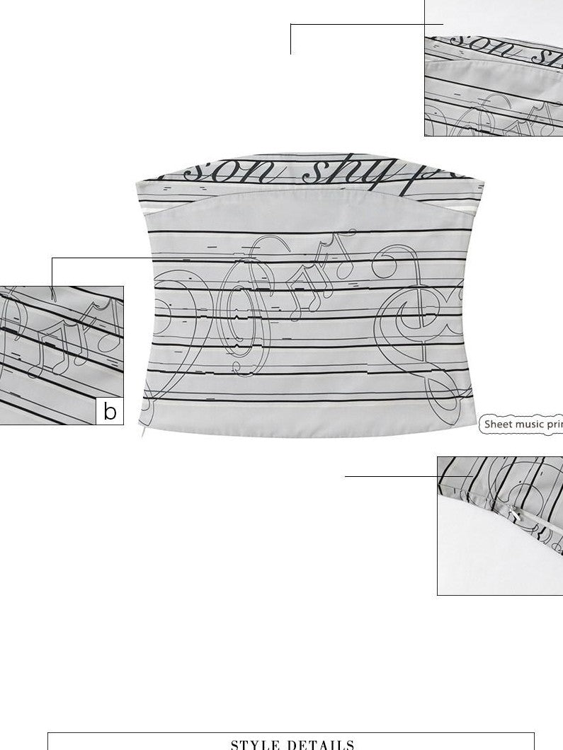 UNIVERSE Gray Sheet Music Letter Print Street Slim Fit Short Women's Tube Tops