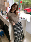 UNIVERSE Gray Striped Patchwork High Waist Straight Women's Polyester Midi Skirts