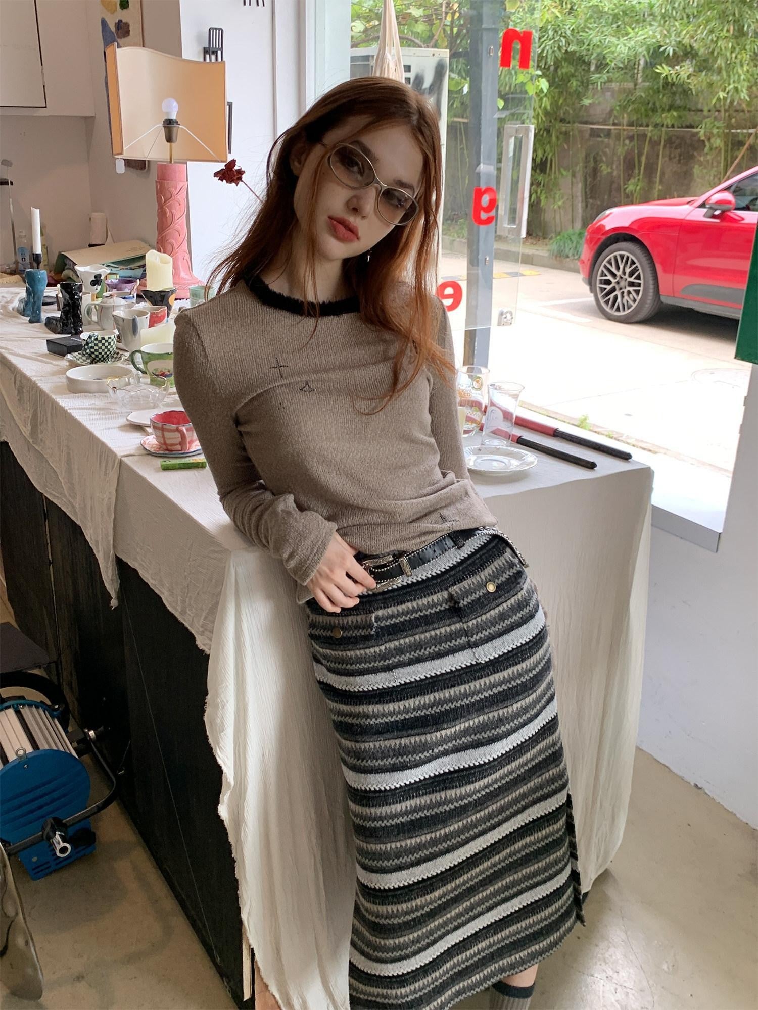 UNIVERSE Gray Striped Patchwork High Waist Straight Women's Polyester Midi Skirts