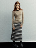 UNIVERSE Gray Striped Patchwork High Waist Straight Women's Polyester Midi Skirts