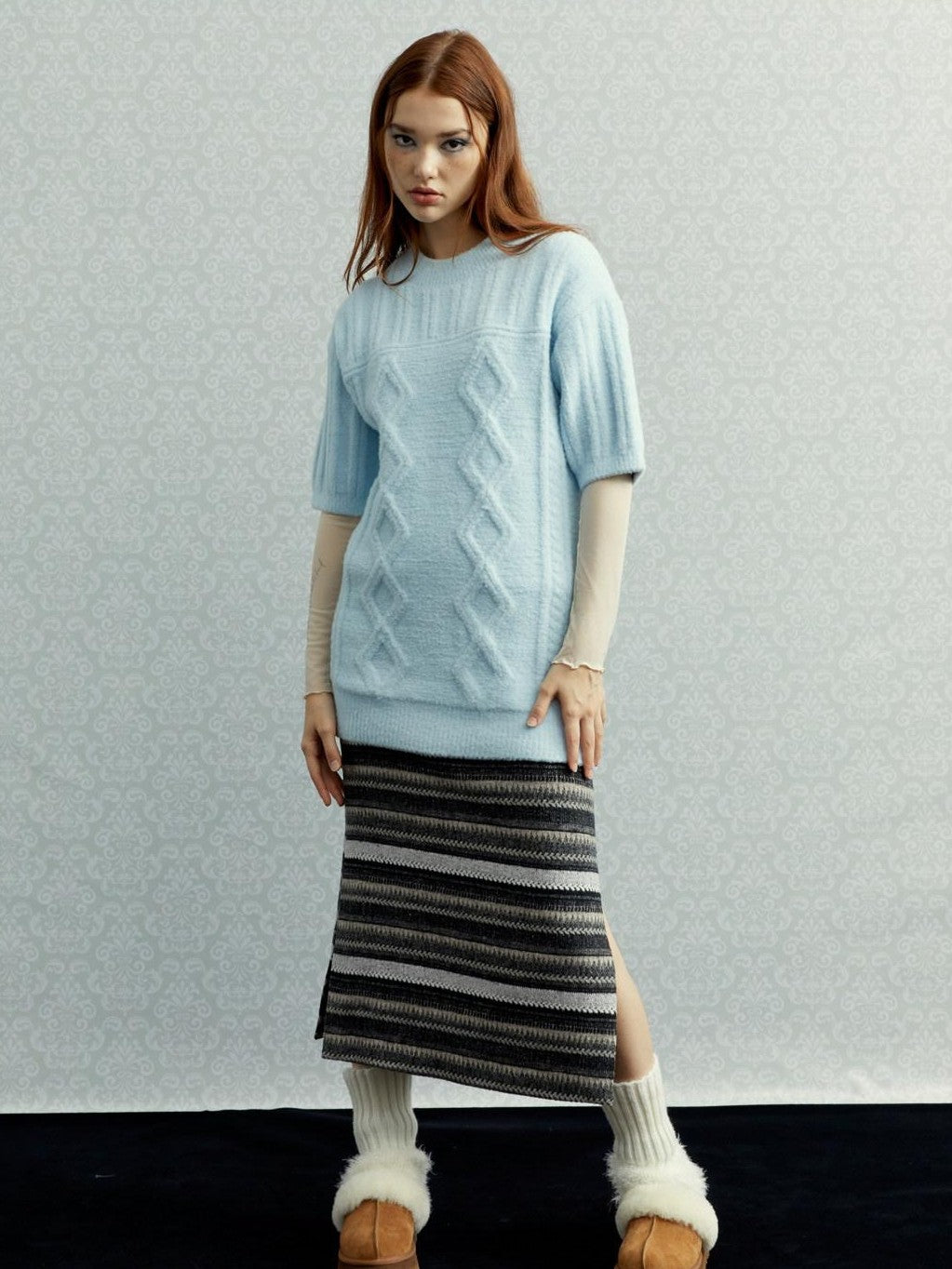 UNIVERSE Gray Striped Patchwork High Waist Straight Women's Polyester Midi Skirts