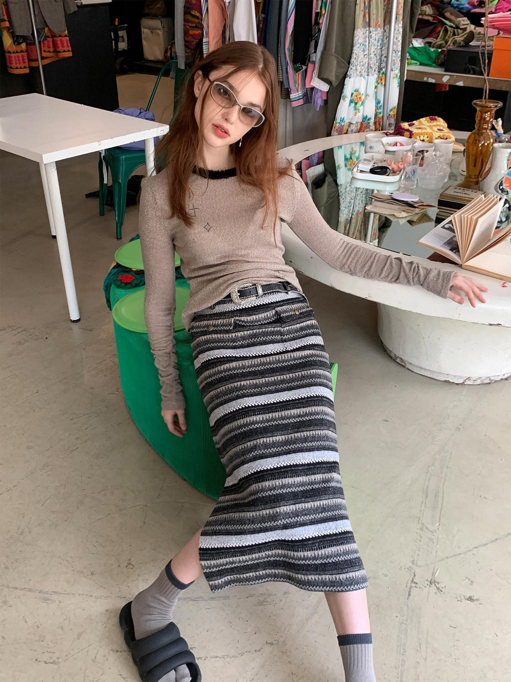 UNIVERSE Gray Striped Patchwork High Waist Straight Women's Polyester Midi Skirts