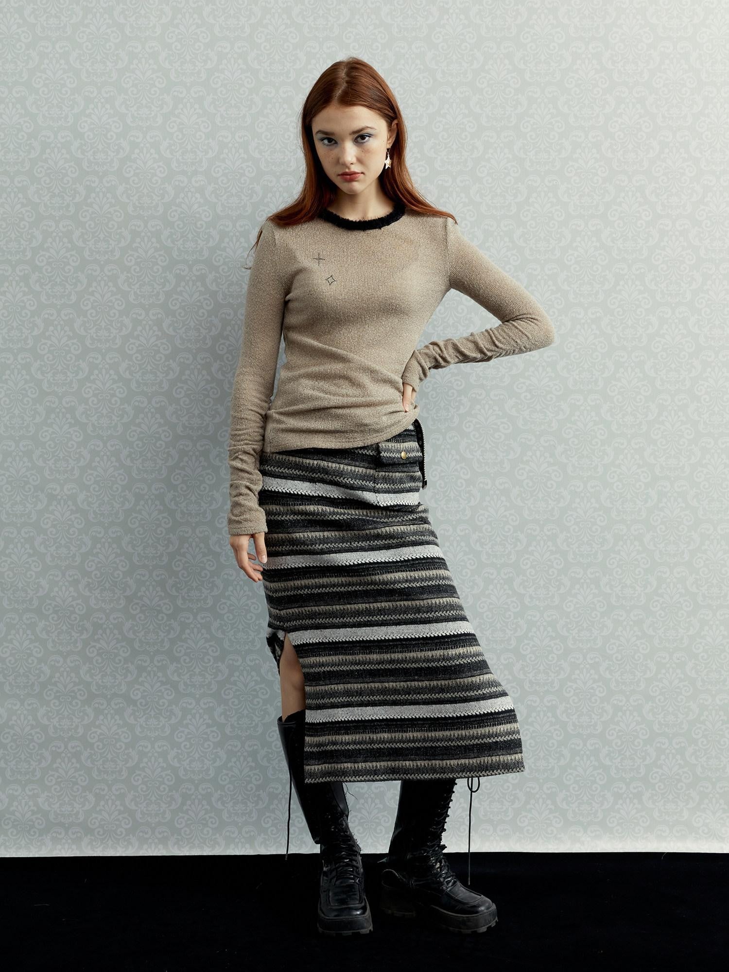 UNIVERSE Gray Striped Patchwork High Waist Straight Women's Polyester Midi Skirts