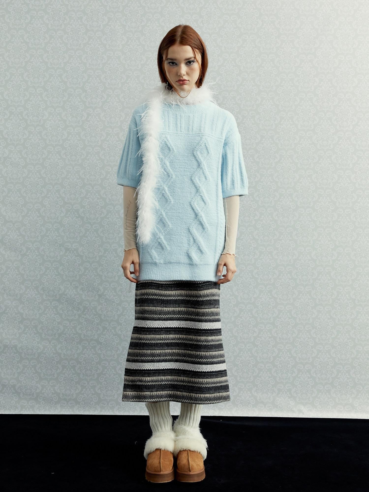 UNIVERSE Gray Striped Patchwork High Waist Straight Women's Polyester Midi Skirts
