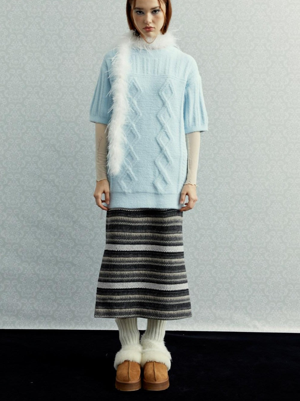 UNIVERSE Gray Striped Patchwork High Waist Straight Women's Polyester Midi Skirts