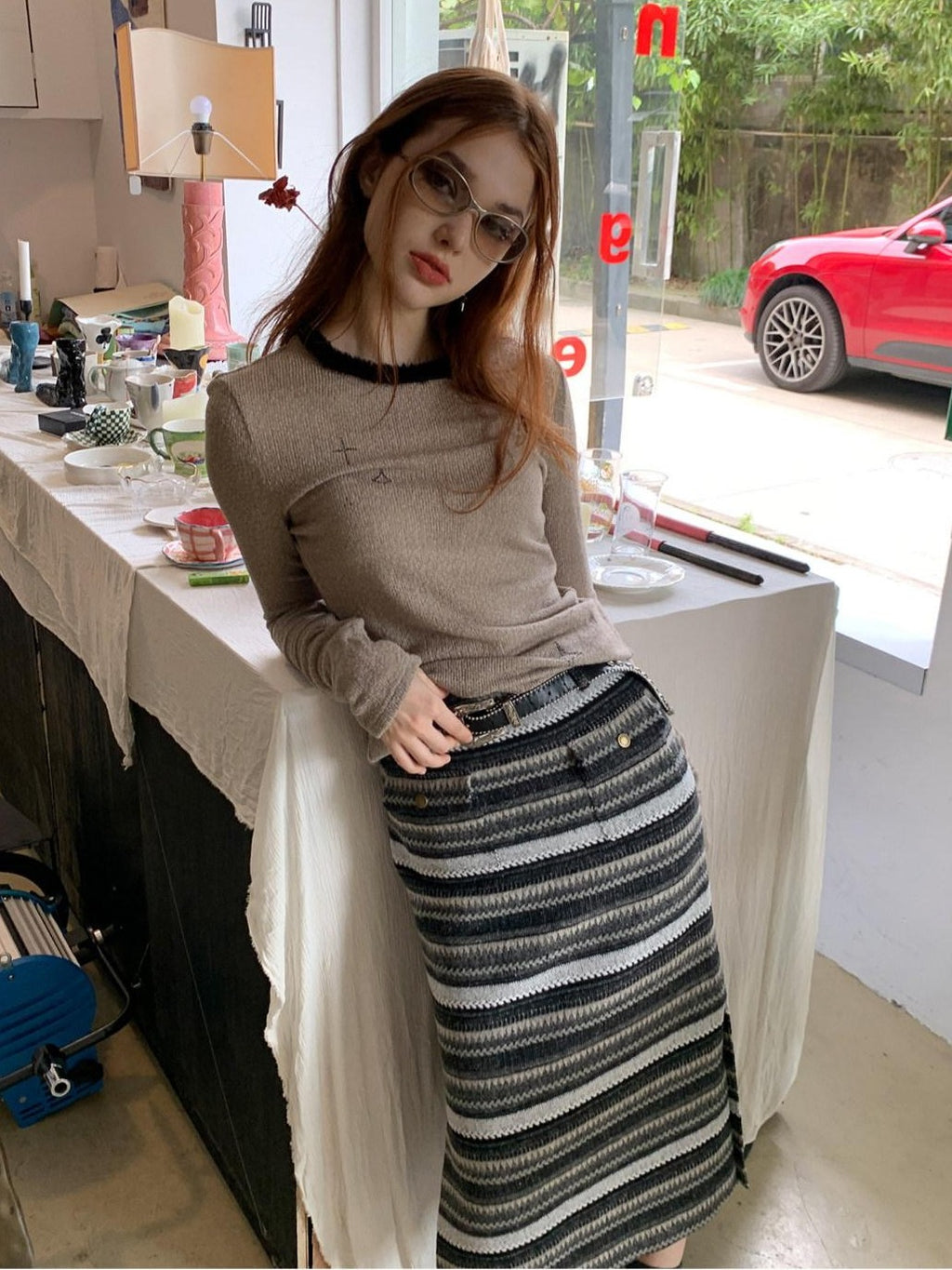UNIVERSE Gray Striped Patchwork High Waist Straight Women's Polyester Midi Skirts