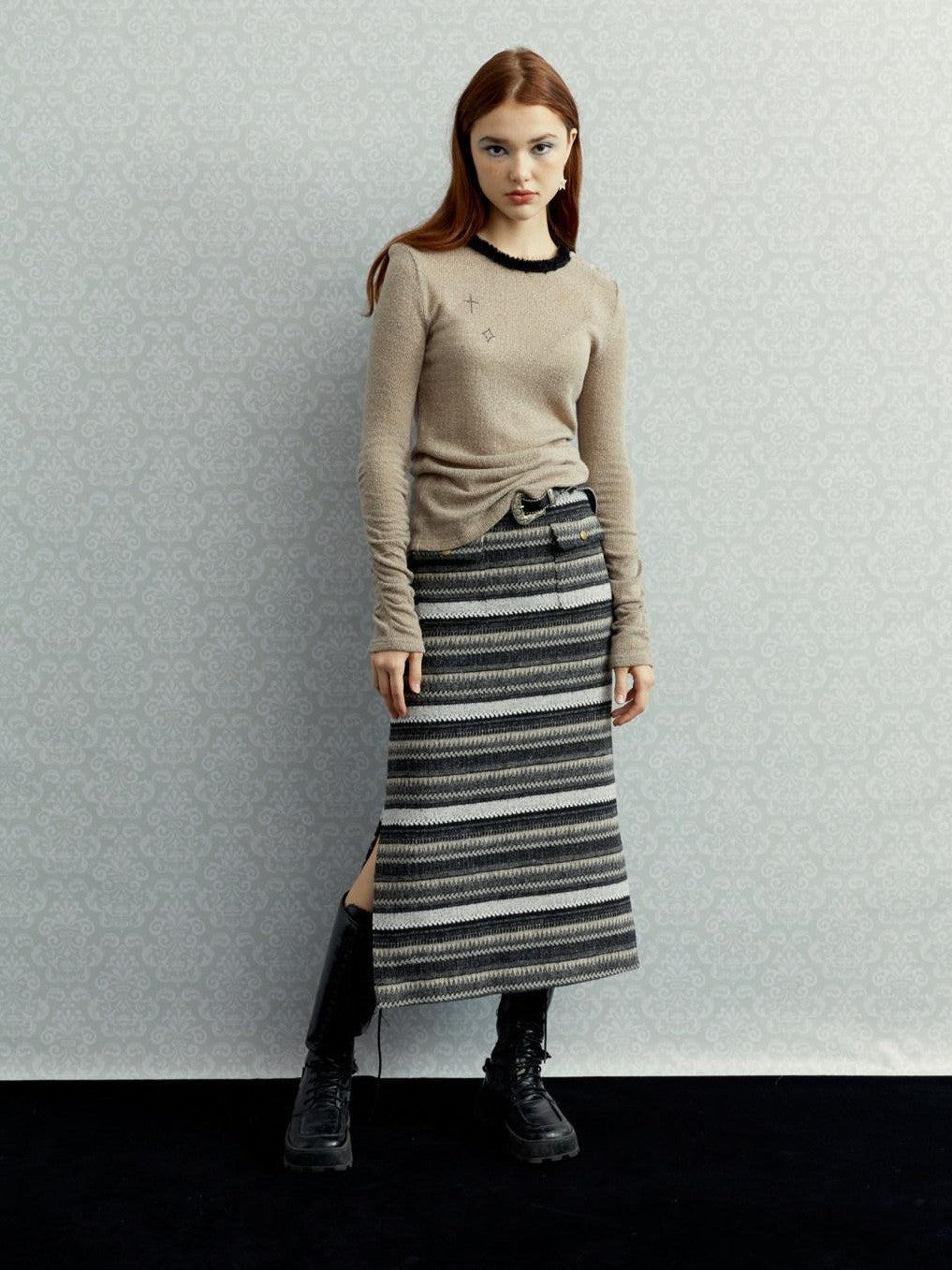 UNIVERSE Gray Striped Patchwork High Waist Straight Women's Polyester Midi Skirts