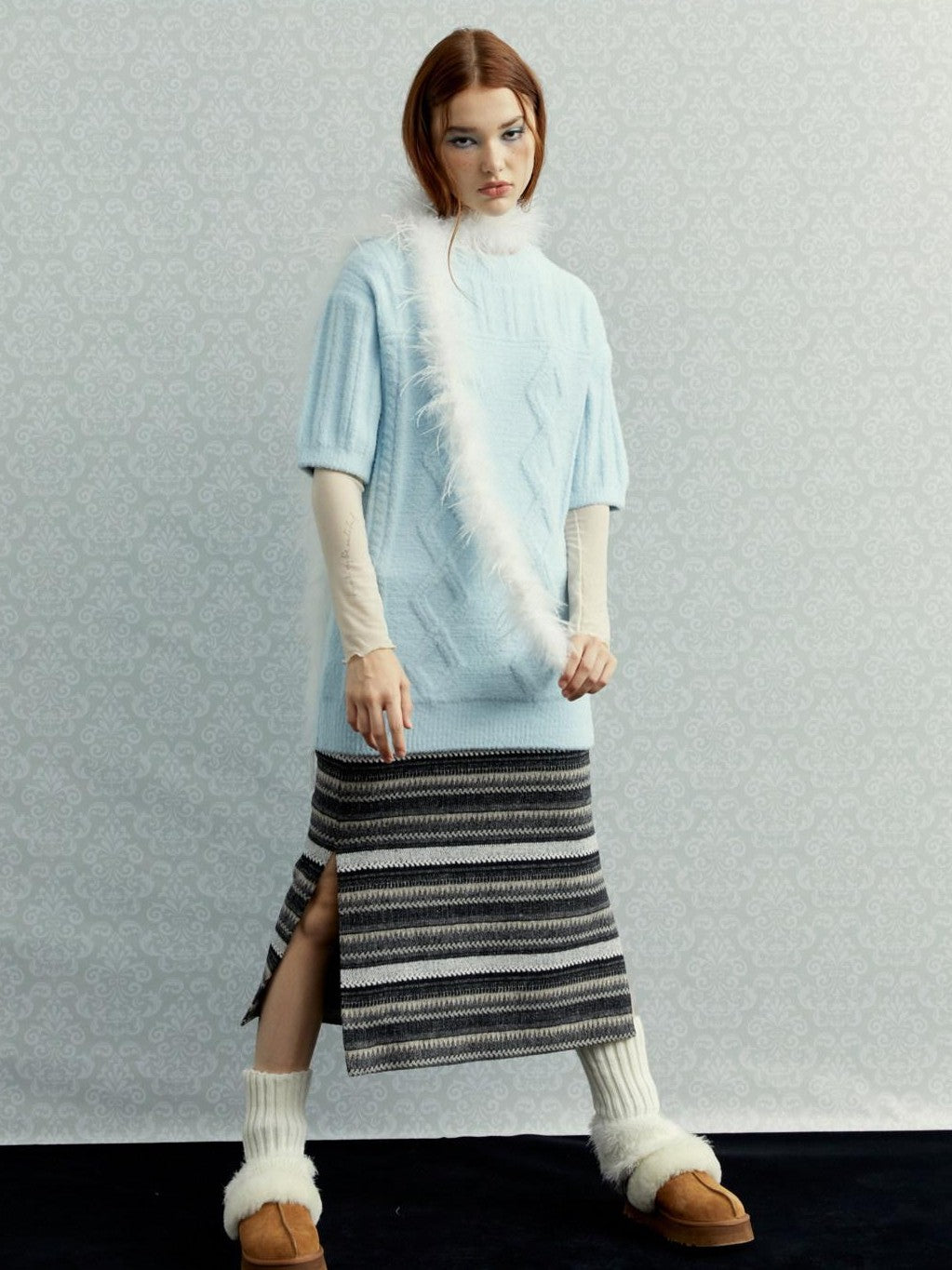 UNIVERSE Gray Striped Patchwork High Waist Straight Women's Polyester Midi Skirts