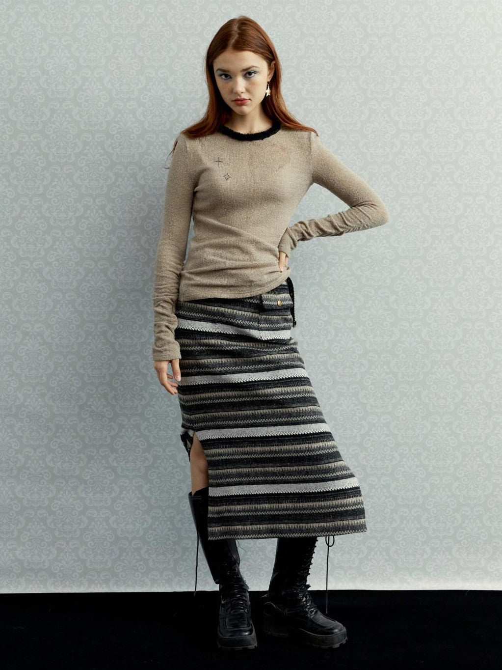 UNIVERSE Gray Striped Patchwork High Waist Straight Women's Polyester Midi Skirts