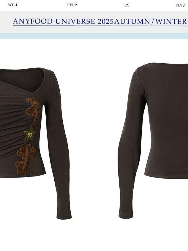 UNIVERSE Grey Asymmetric Neck Star Applique Twist Knot Women's Long Sleeve T-shirts