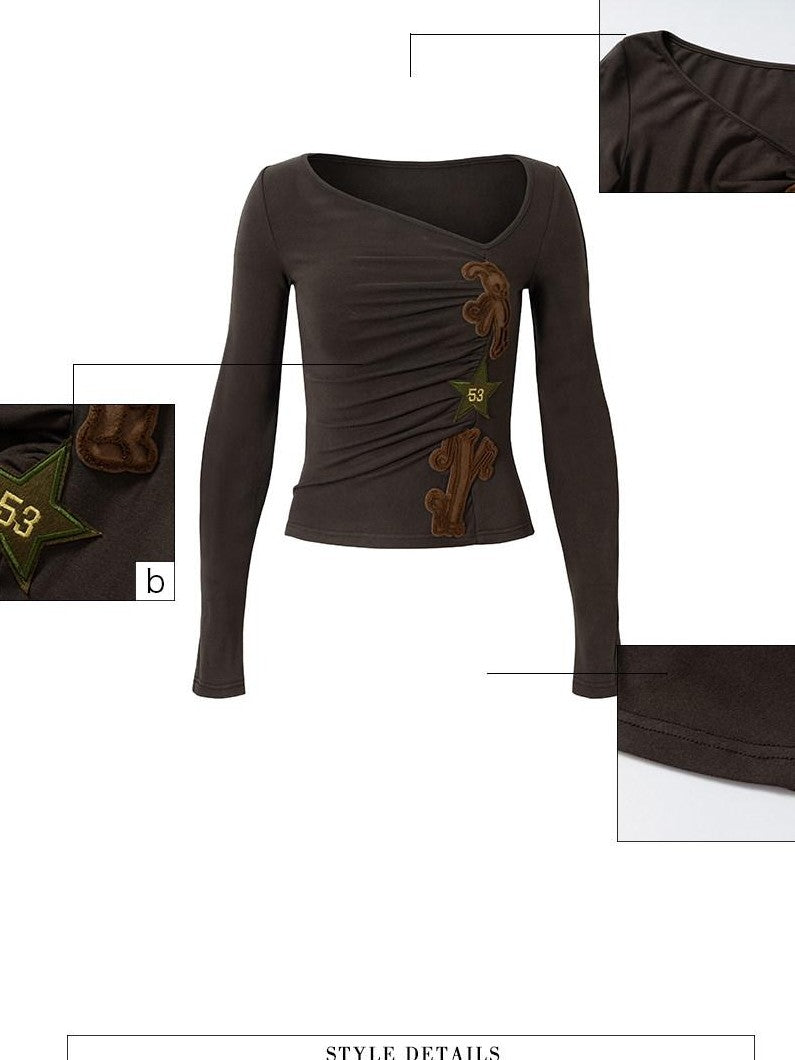 UNIVERSE Grey Asymmetric Neck Star Applique Twist Knot Women's Long Sleeve T-shirts