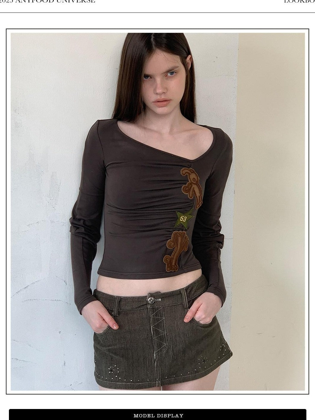 UNIVERSE Grey Asymmetric Neck Star Applique Twist Knot Women's Long Sleeve T-shirts