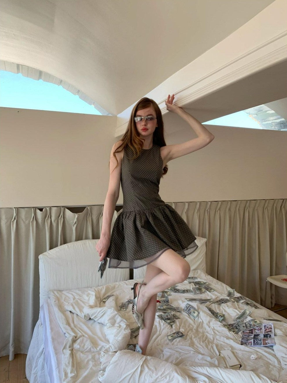 UNIVERSE Grey Coffee Polka Dot Organza Vintage Women's Cotton Ramie Casual Mini Dresses