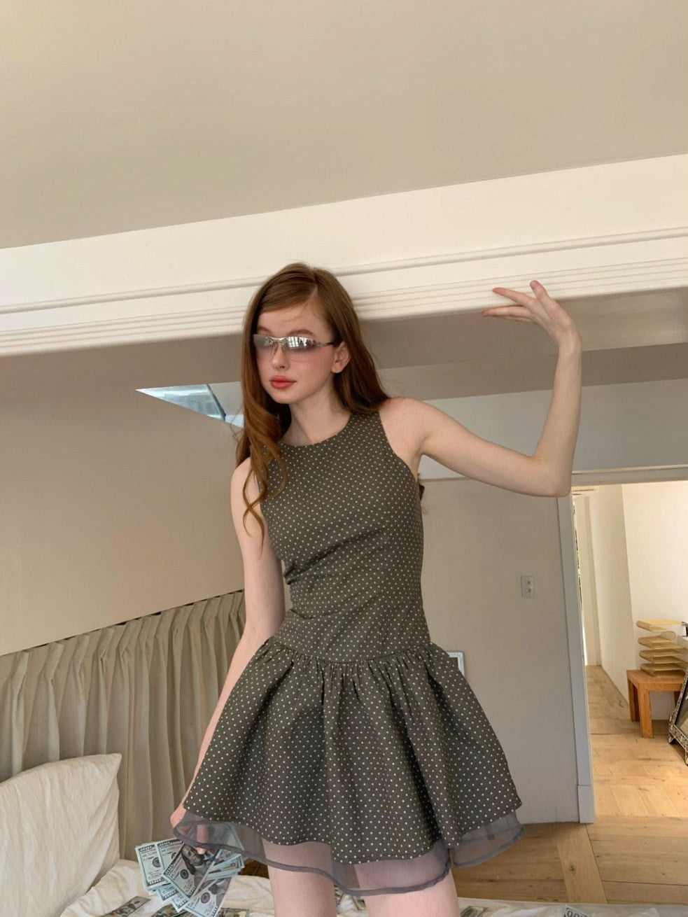 UNIVERSE Grey Coffee Polka Dot Organza Vintage Women's Cotton Ramie Casual Mini Dresses