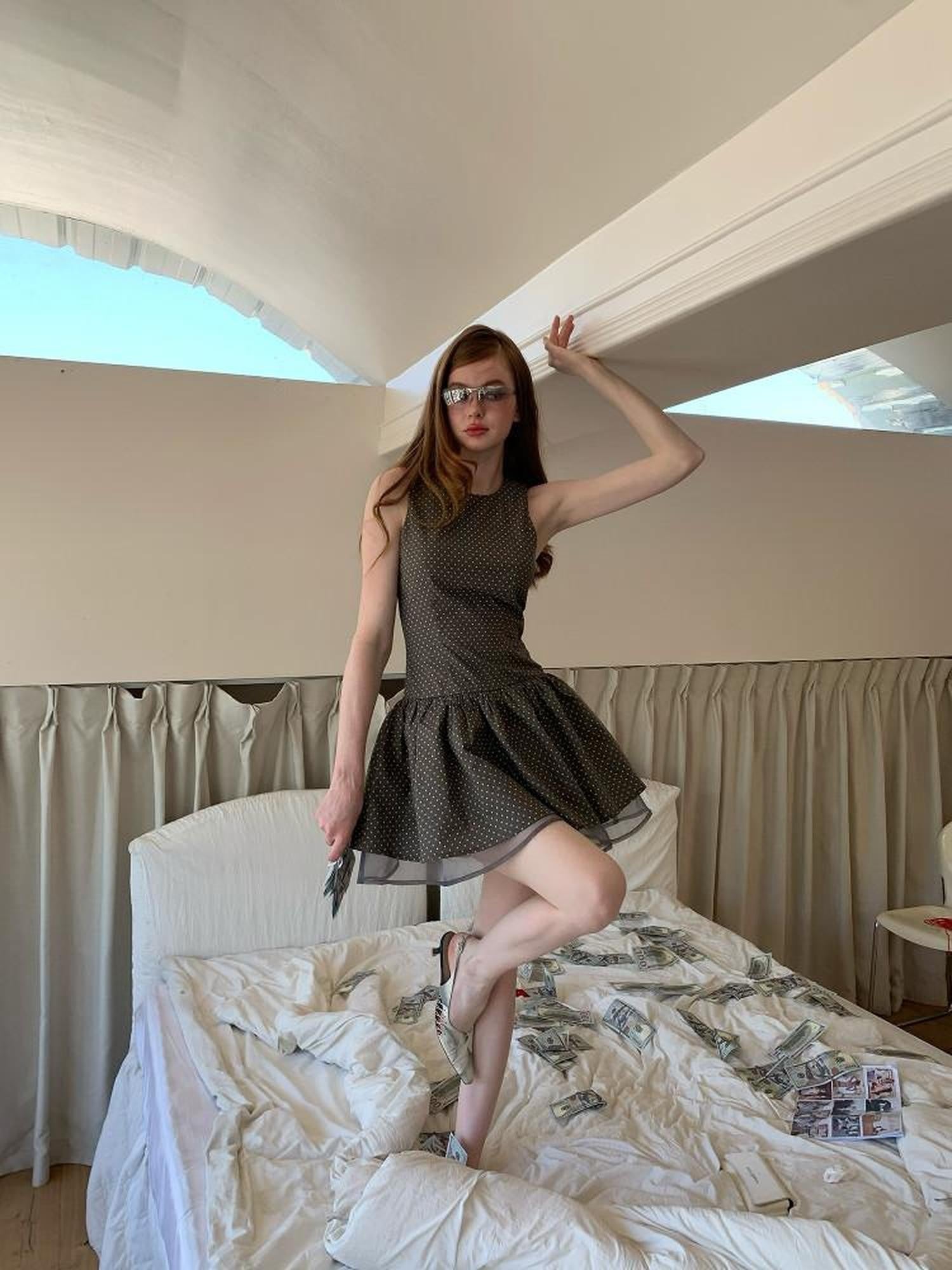 UNIVERSE Grey Coffee Polka Dot Organza Vintage Women's Cotton Ramie Casual Mini Dresses