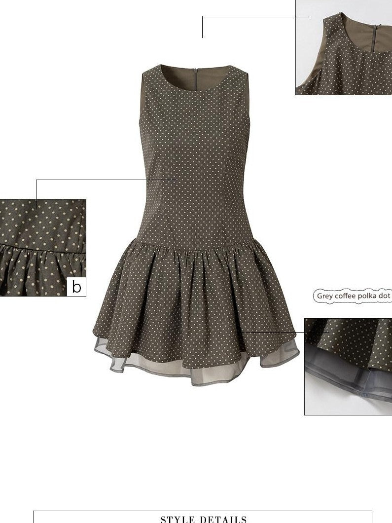 UNIVERSE Grey Coffee Polka Dot Organza Vintage Women's Cotton Ramie Casual Mini Dresses
