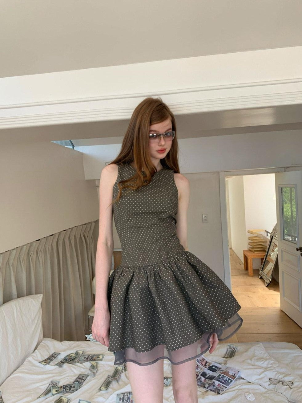 UNIVERSE Grey Coffee Polka Dot Organza Vintage Women's Cotton Ramie Casual Mini Dresses