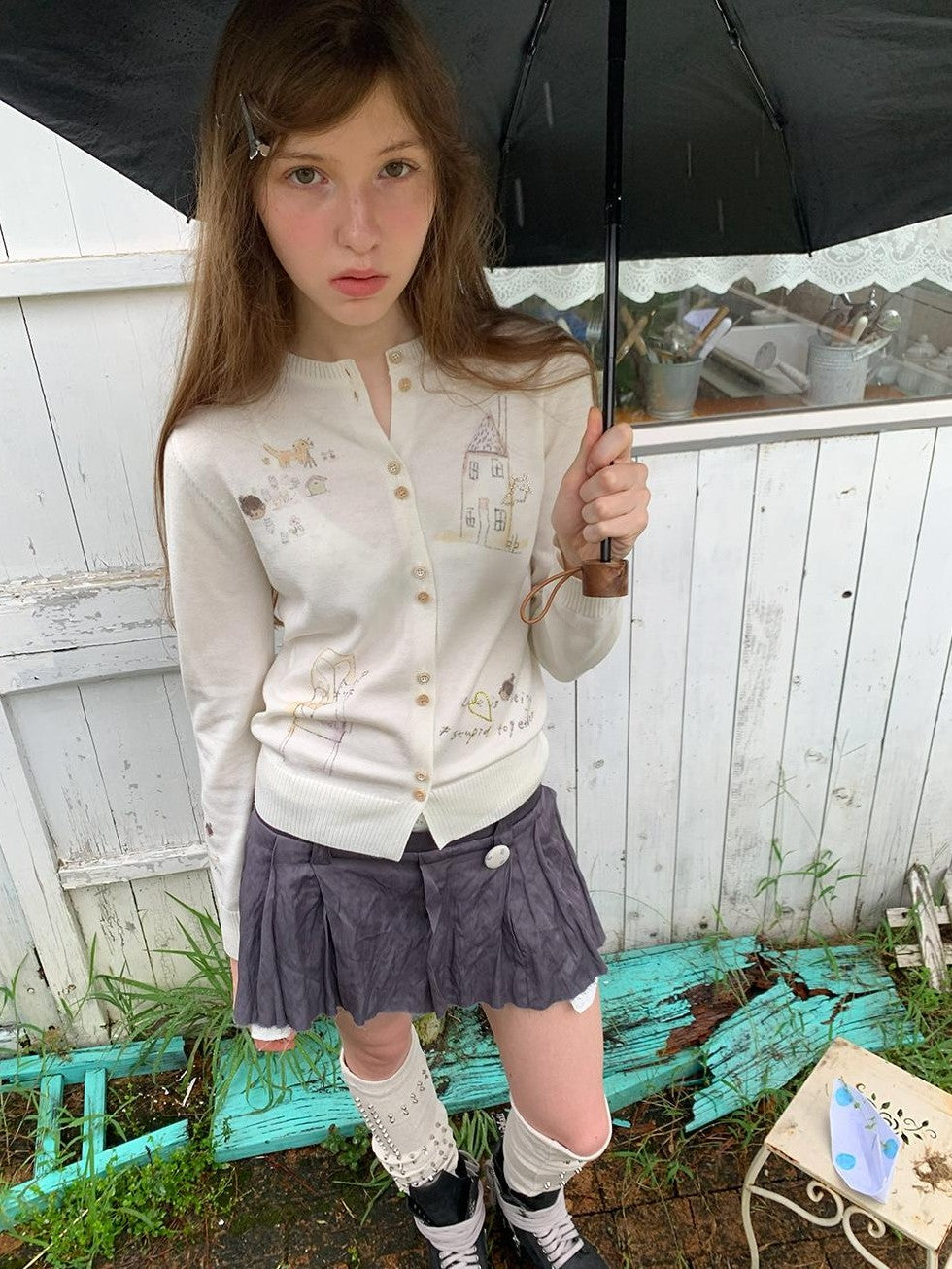 UNIVERSE Hand Drawn Cartoon Print Wool Blend Women's Cardigans