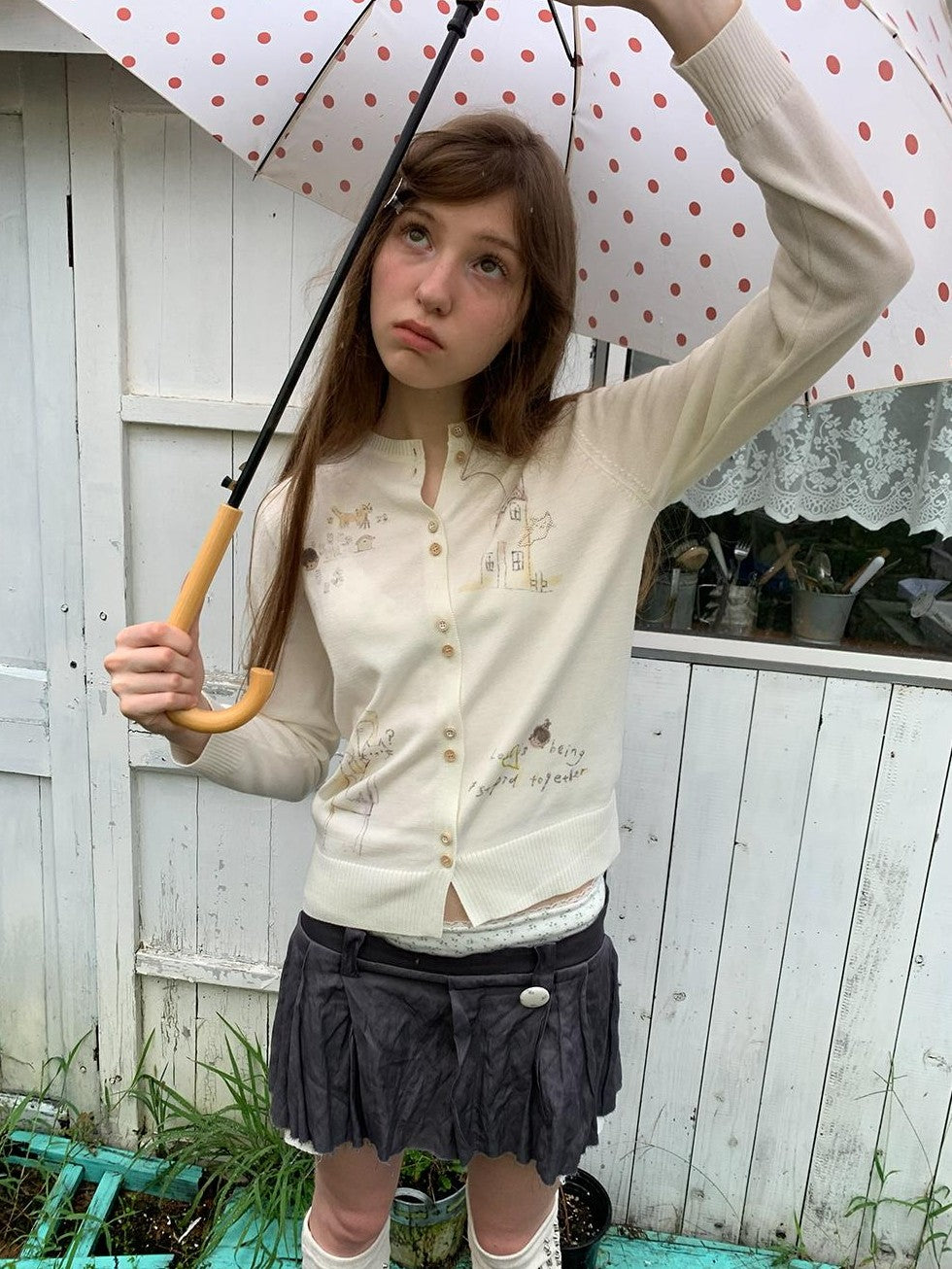 UNIVERSE Hand Drawn Cartoon Print Wool Blend Women's Cardigans