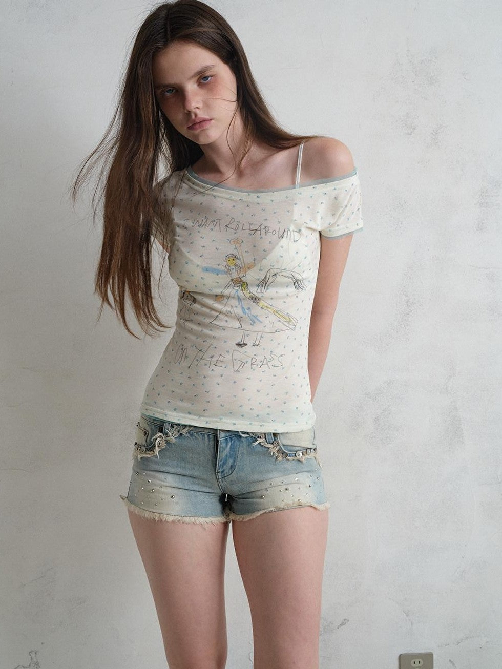 UNIVERSE Hand Drawn Doodle Graffiti Floral Mesh Women's Lyocell Off-shoulder T-shirts