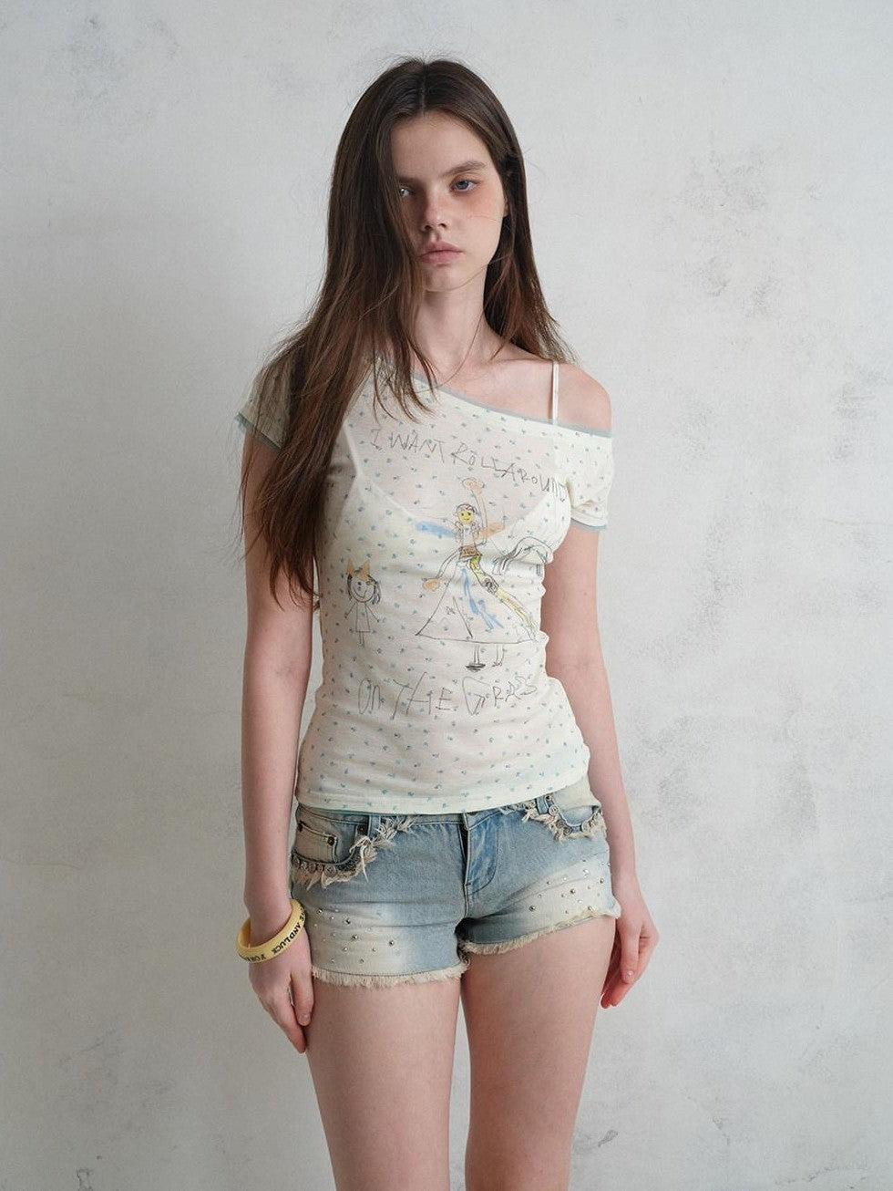 UNIVERSE Hand Drawn Doodle Graffiti Floral Mesh Women's Lyocell Off-shoulder T-shirts